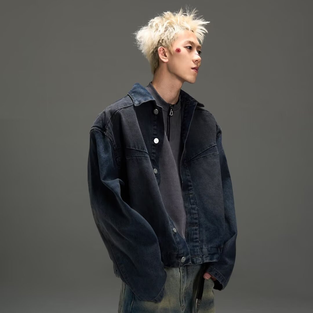미국 스타일 레트로 더러운 염료 세척 짧은 오토바이 데님 재킷 트렌디 하이 스트리트 솔리드 컬러 블루 재킷