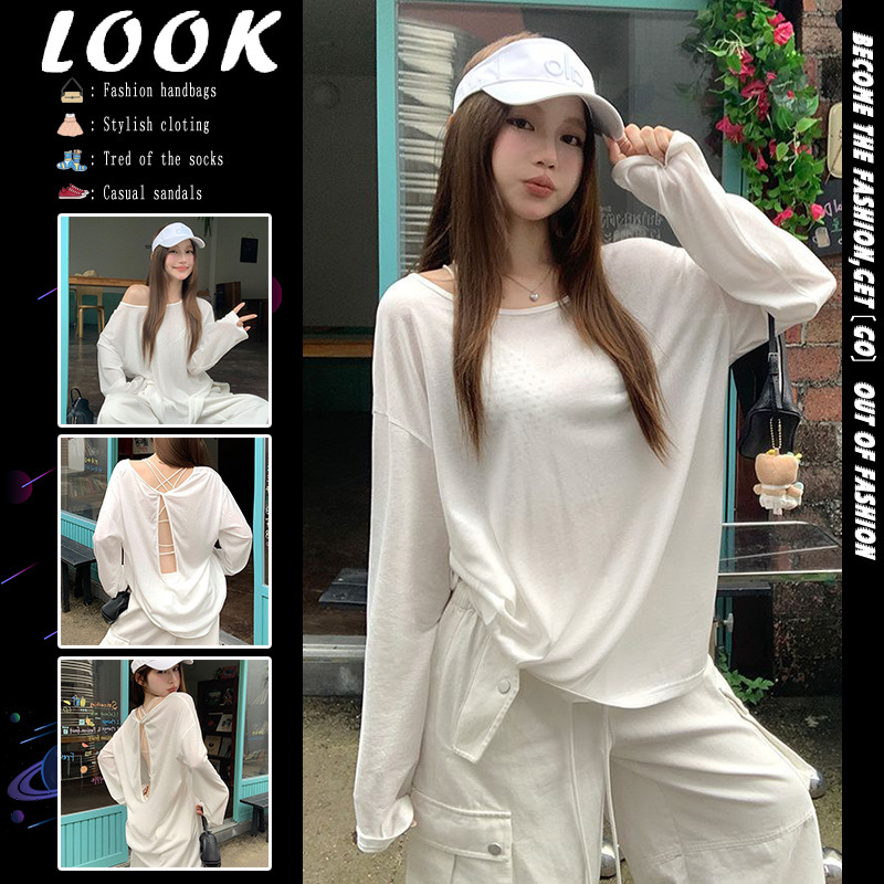 Korean Style Back Hollow Sun Protection Long-Sleeved T-Shirt 2025 Summer New Design Loose Mid-Length Top for Women Trendy Korean Style Back Hollow Sun Protection Long-Sleeved T-Shirt 2025 Summer New Design Loose Mid-Length Top for Women Trendy