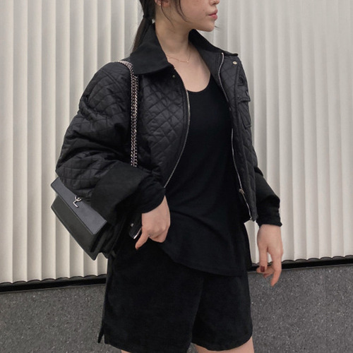 Women's Cotton Padded Jacket with Reverse Collar, Single Button, Checkered Pattern, Long Sleeve, Retro Color Combination - Autumn/Winter Style from Korea