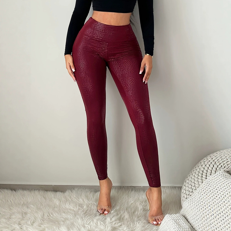 In-Stock Foreign Trade New Women's High-Waisted Sexy Tight-Fitting Solid Color Fashion Hot Girl Gold-Stamped Crocodile Pattern Cropped Pants In-Stock Foreign Trade New Women's High-Waisted Sexy Tight-Fitting Solid Color Fashion Hot Girl Gold-Stamped Crocodile Pattern Cropped Pants
