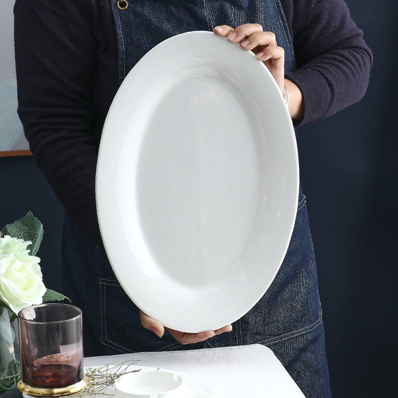 Hotel Hotel Household Fish Plate Commercial Pure White Ceramic Plate Large Oval Plate Steamed Fish Plate Wholesale Cross-border
