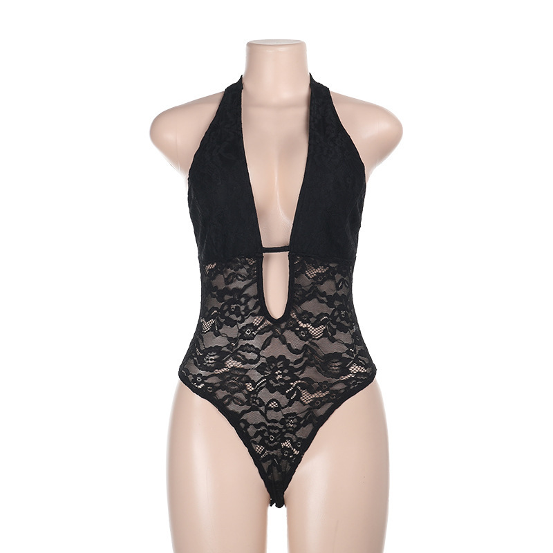 ZX25063 Amazon sexy hueco encaje halter mono 2025 verano nuevo mono transparente mujer image 6