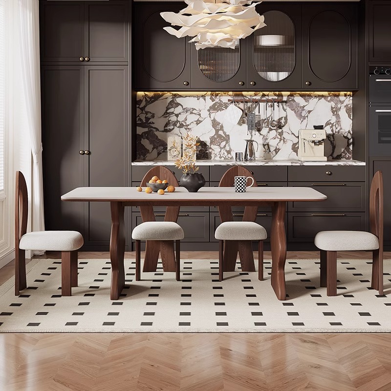 Mesas y sillas de comedor de madera maciza de estilo antiguo 2024 Nueva sala de estar Serie de crema francesa americana Tablero de roca retro nórdico Fresno blanco