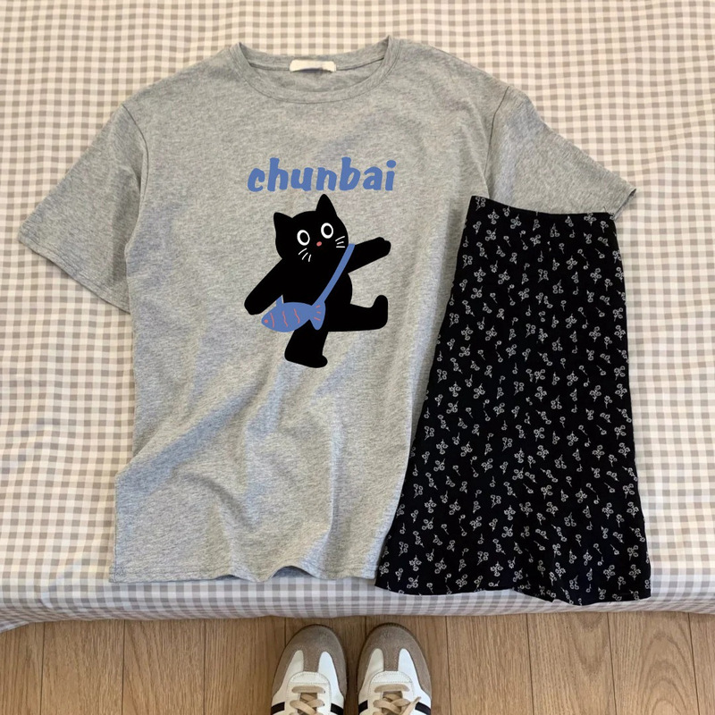 Women's Summer 2026 New Style Pure Cotton T-Shirt with Cat Print Design, Korean Style Loose Casual Short-Sleeve Top