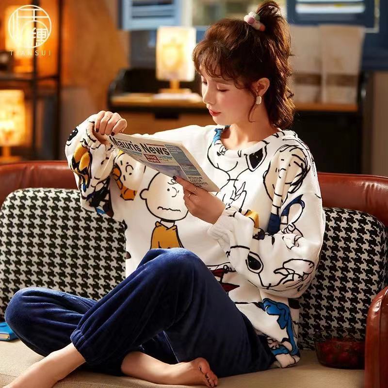 Pijamas de invierno las mujeres coral fleece dulce lindo Otoño e Invierno engrosada franela corte princesa estilo desgaste del hogar traje
