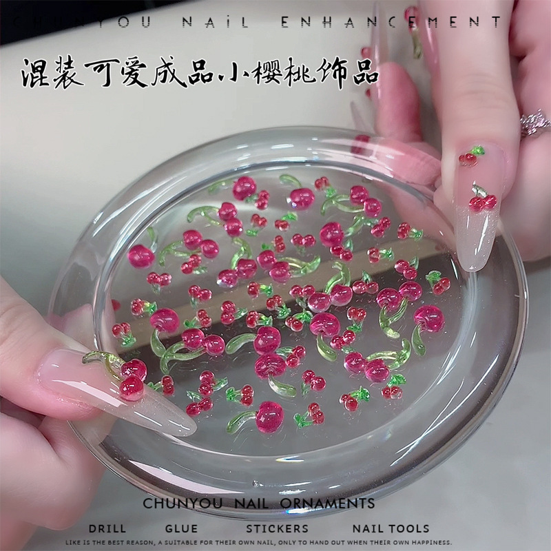 Nuevo estilo pequeño cereza manicura diamante verano hielo rojo cereza tridimensional dibujos animados lindo estilo niña decoración de uñas