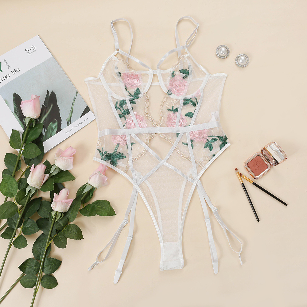 floral embroidery mesh stitching perspective suspender one-piece underwear  NSHLN120583