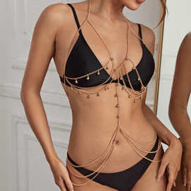 跨境热卖身体链欧美铃铛胸链女沙滩饰品性感腰链多层露背项链女