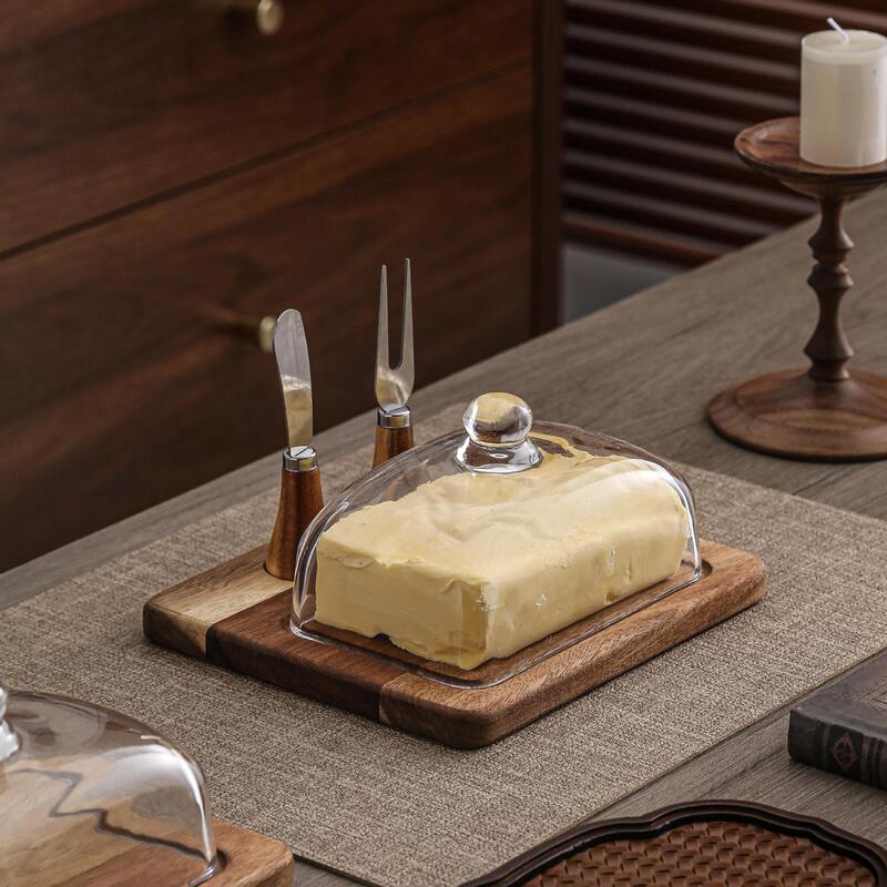 Cross-border Amazon Acacia Wooden butter box with knife cheese butter cheese cake dessert plate glass lid
