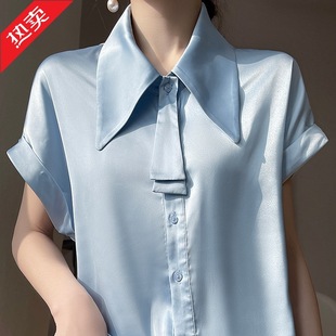 Silk Satin 2025 Summer New Women's Short-Sleeved Shirt Elegant Bow Tie Short Top Versatile Pure Color Jacket