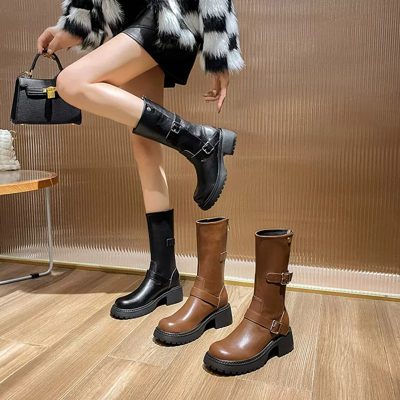 厚底粗跟骑士靴冬季复古美拉德中筒靴女2024英伦风西部牛仔马丁靴