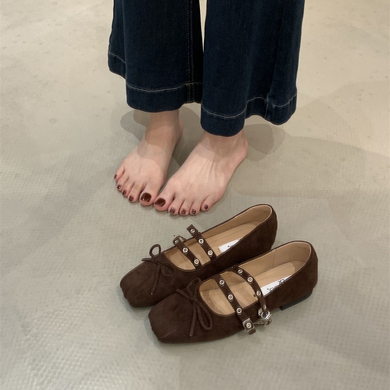 法式交叉皮带扣芭蕾舞鞋女2025新款红色玛丽珍鞋小香风蝴蝶结单鞋|undefined