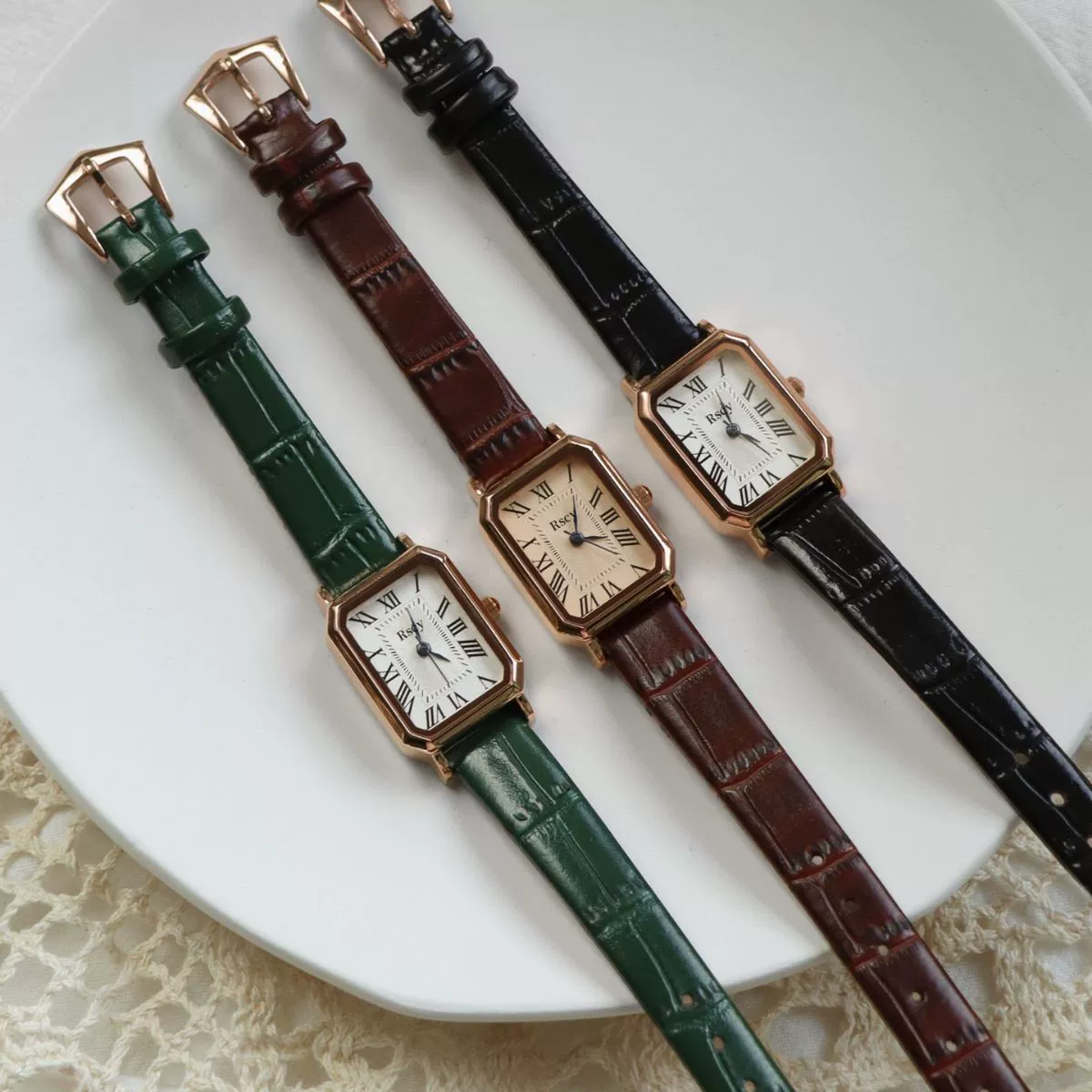 Quartz watch Swiss style, square retro dial, small dial, genuine leather strap