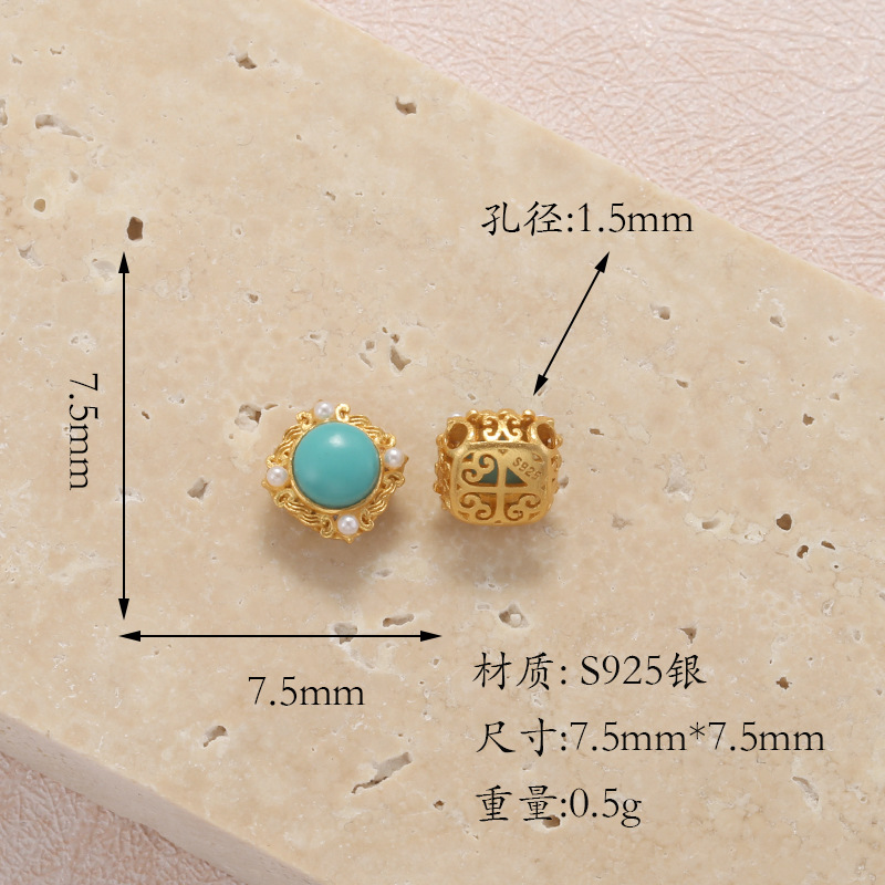Raw Turquoise S925 Silver Gold-Plated Heart-Shaped Four-Leaf Clover Round Butterfly Pendant Spacer Bead DIY T6