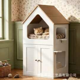 跨境木质宠物窝实木双层猫别墅栖息地宠物床半封闭猫砂柜宠物房子