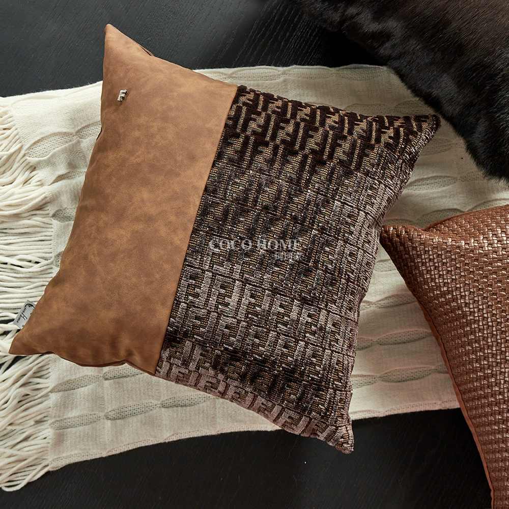 French light luxury brown sofa pillow with pillow connected to villa living room embossed PU cushion waist pillow model room high-end
