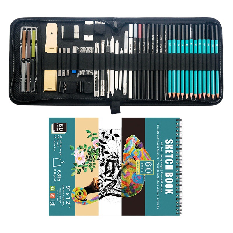 Juego de 50 piezas de herramientas de dibujo a lápiz, incluye lápices de carbón y metal, suministro transfronterizo