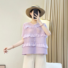 一件代发三宅紫色气质上衣女短袖夏季蝴蝶结宽松褶皱t恤妈妈高端