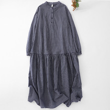 2025秋季新款文艺蓝色格子连衣裙女宽松简约纯棉长袖圆领中长裙子