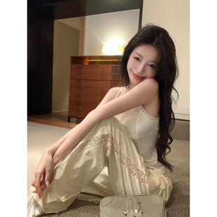 2025 Summer New Sweet White Lace Stitching Camisole Vest apricot Slimming Cool Sense Wide Leg Pants Women