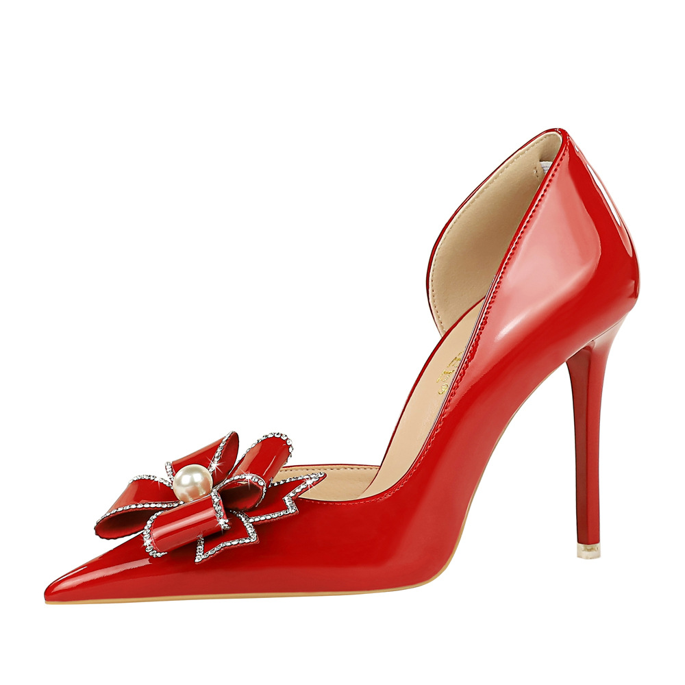 638-H13 Style Banquet Super High Heels, Thin Heels, Shallow Notched Pointed Side Cut Pearl Rhinestone Bow Tie Single Shoe
