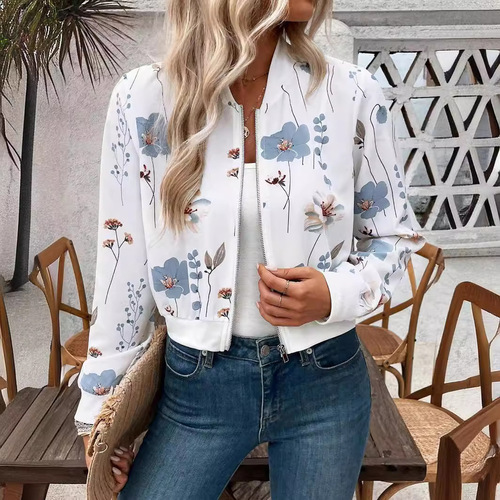 European and American cross-border spring 2025 elegant women's zipper floral print long-sleeved short casual jacket jacket