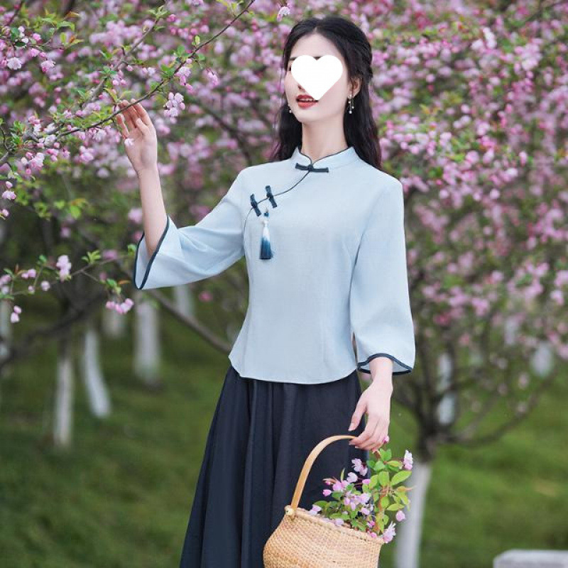 Republic of China Style Retro Tang Suit Chinese Style Hanfu Improved Young Cheongsam Two-Piece Set Chinese Zen Literary Tea Art Suit