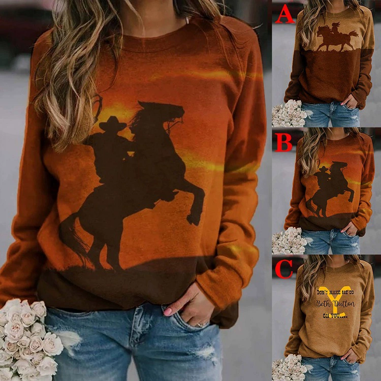 Европейская и американская Женская осенне-зимняя Горячая Новая мода Amazon Повседневная Свободная печать с длинным рукавом и круглым вырезом свитер