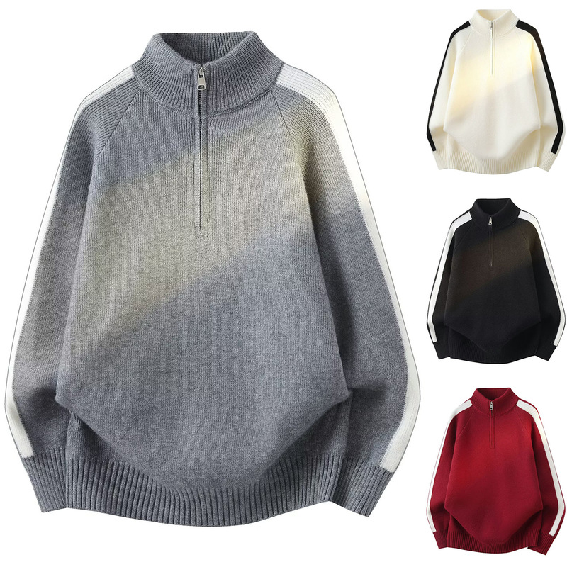 Half-Zip Side Striped Sweater Men's Stand Collar Autumn and Winter Outerwear Loose Lazy Style Trendy Brand Foreign Trade Cross-Border Wholesale