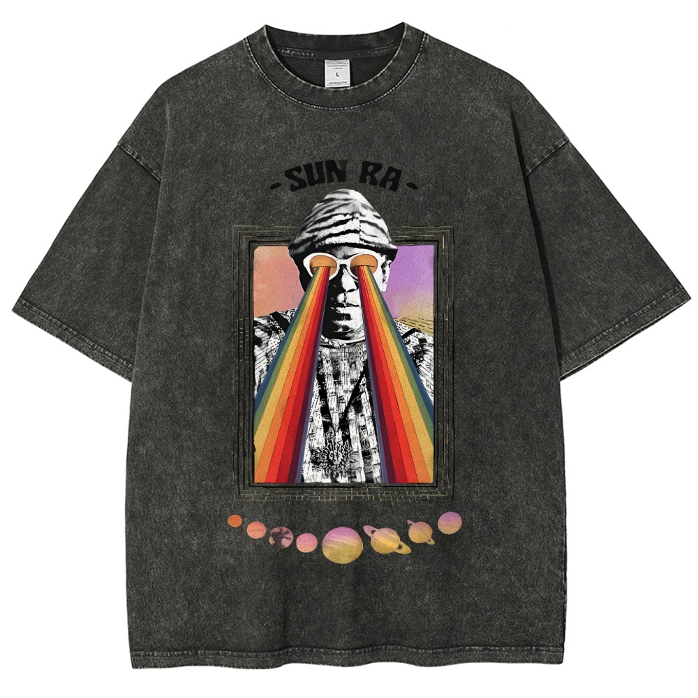 INS ホットセールメガネレインボーストリートクールレトロルーズラウンドネックピュアコットンメンズ Tシャツウォッシュ加工男性と女性用