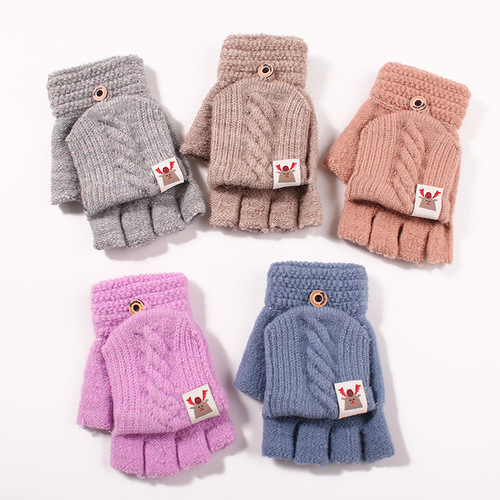 WINTER/SUMMER WOMEN'S STUDENT THUMBLESS FLAP GLOVES FOR WRITING, RIDING, TEXTURED, THICK HEATED CABLE KNIT GLOVES