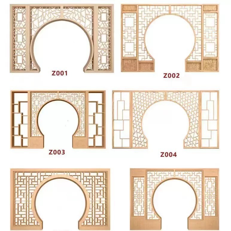 Personalizada aleación de aluminio nuevo estilo chino de hielo agrietado luna puerta imitación de madera pantalla partición sala de estar arco redondo marco de cubierta de piso image 6