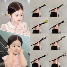 古风木质发簪女童新中式花朵木簪儿童后脑勺盘发器发钗手工木发饰