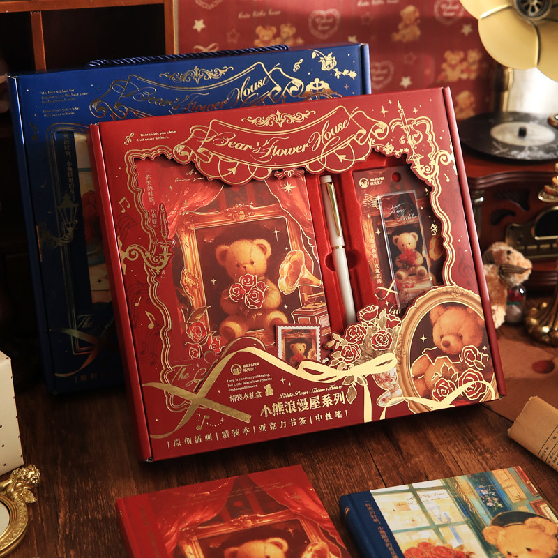 Mr. Paper Caja de regalo de tapa dura Little Bear Romantic House Juego de bloc de notas para estudiantes de dibujos animados Cuaderno de papelería de alto valor