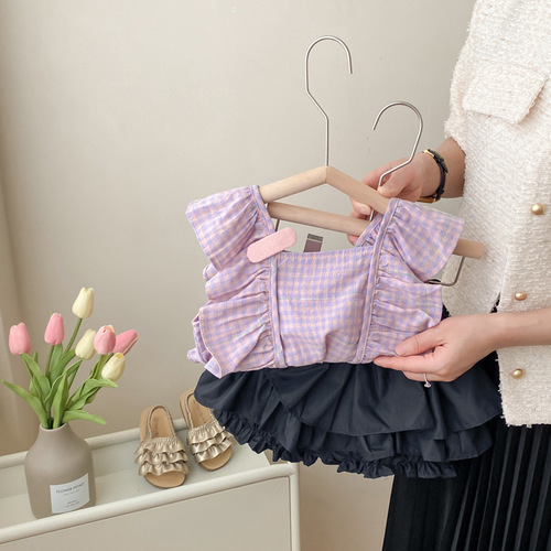 Women's Child Grid Sleeveless Ins Style Trendy Set Children's Set Korean Version Stylish Top Summer Set Two-Piece Thin