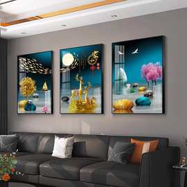 轻奢客厅装饰画福禄山水三联画寓意好壁画现代简约沙发背景墙挂画