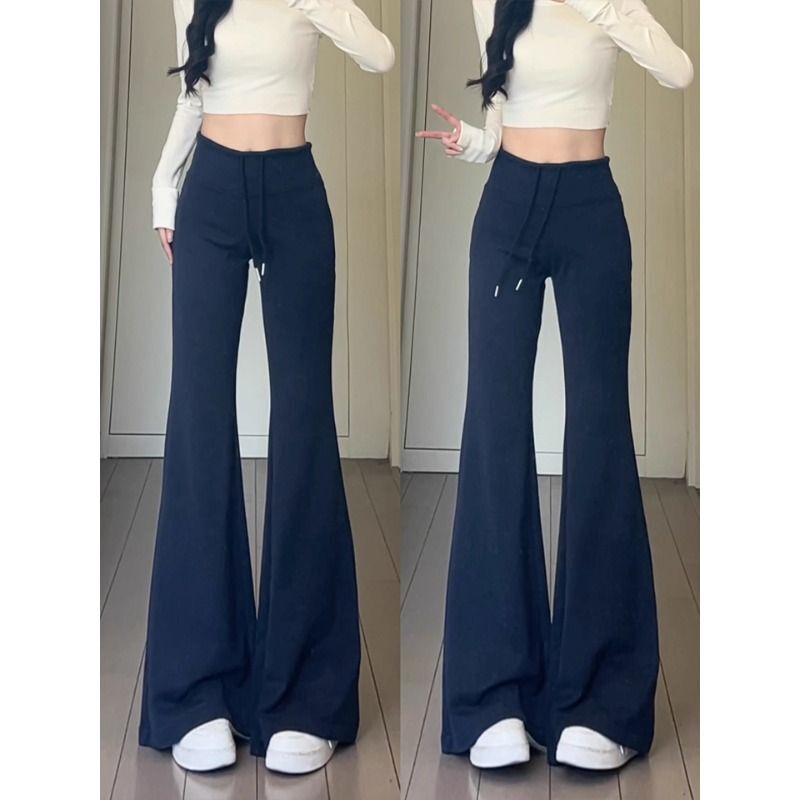Navy Blue Flared Sweatpants for Women, Autumn/Winter 2025 New Korean Style, Petite High-Waisted Slim Fit Fleece-Lined Sports Pants