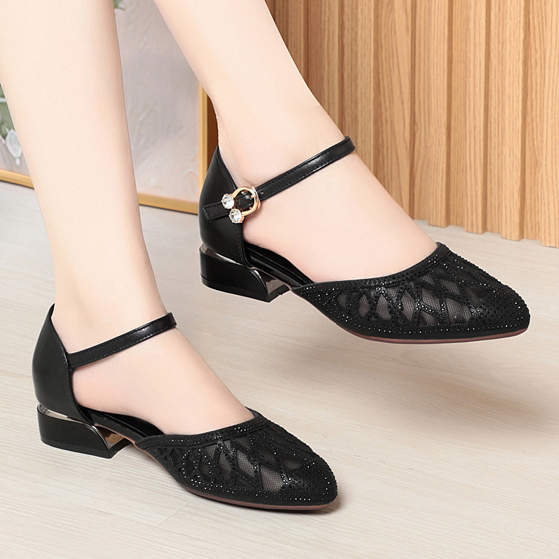 Giày cao gót nữ mũi kín gót vuông ổn định, da lưới thoáng khí, đế cao 6 cm — màu đen