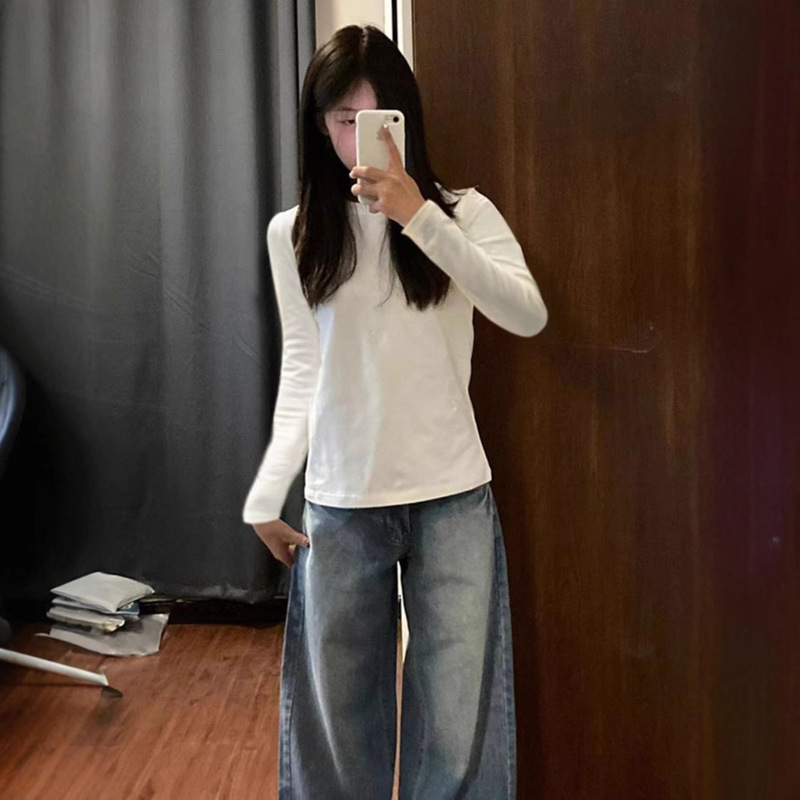 300g Heavyweight Pure Cotton T-Shirt for Men, Pure White Loose Top, Thick Inner Layer Long-Sleeve Base Shirt, Basic White Tee