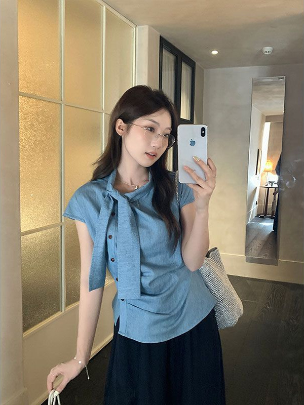 韩系条纹小飞袖飘带短袖衬衫女夏季设计感小衫不规则褶皱收腰上衣|undefined