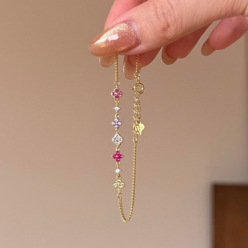【Monet Garden】Dopamine Colorful Full Diamond Four-Leaf Clover Bracelet for Women, Niche Design, High-End Light Luxury, Versatile