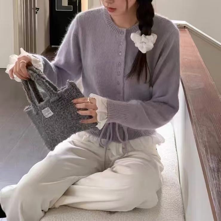 秋と冬の新しい偽ツーピース韓国スタイル甘い年齢を減らすレースウエストレースセーター女性のニットカーディガン女性のトレンド|undefined