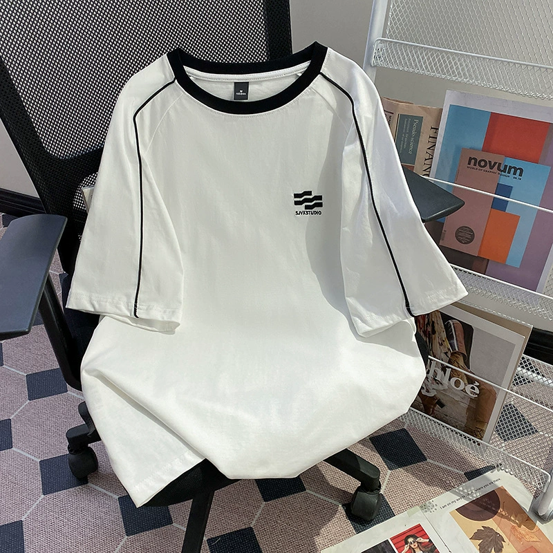 Футболка с короткими рукавами из хлопка с короткими рукавами, 2025 летняя новая вышивка цветочный прилив средней и длинной рубашки с круглым вырезом Корейская женская одежда