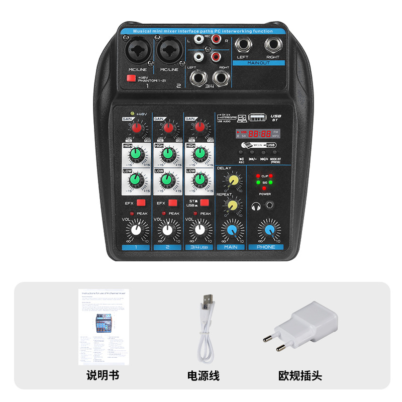 Mezcladora de Audio Bluetooth de 4 Canales con Efecto Eco para Karaoke y Conferencias