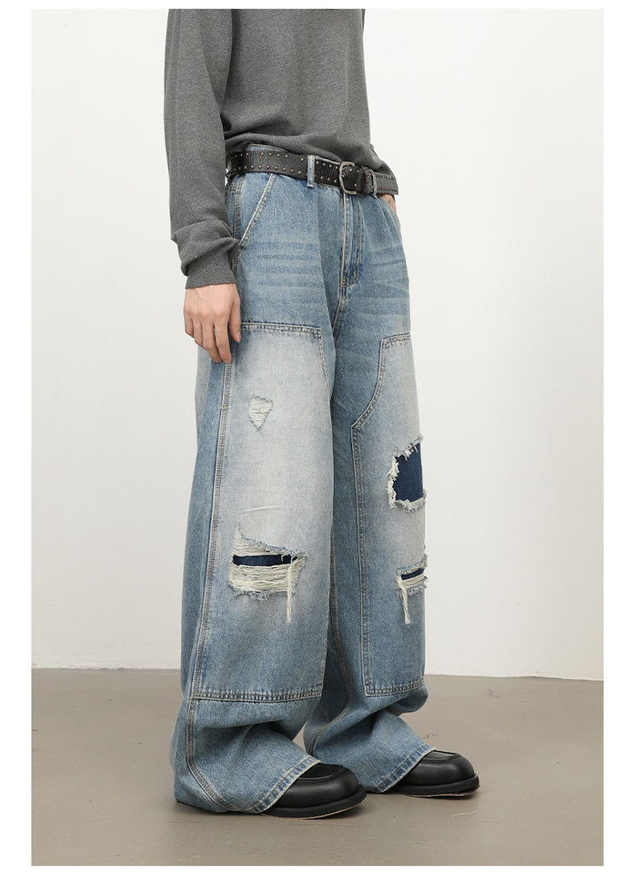 Quần jeans nam dáng rộng ống đứng phong cách Mỹ, wash xước rách phối vải — màu xanh chi tiết 13