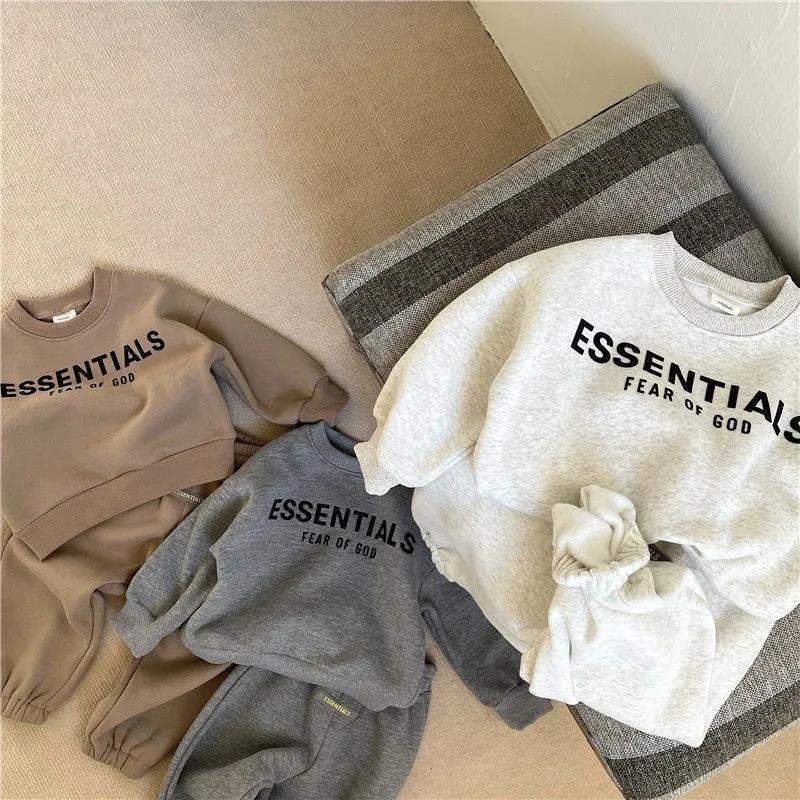 Boys and girls plus velvet suit autumn and winter new ES letter printed crew neck sweater pants baby beautiful two-piece set