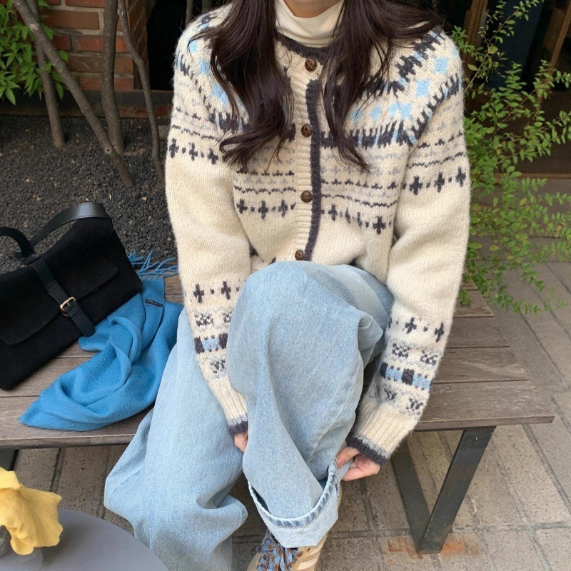 跨境外贸费尔岛针织开衫女2025秋冬季新款韩系提花设计感毛衣外套|undefined