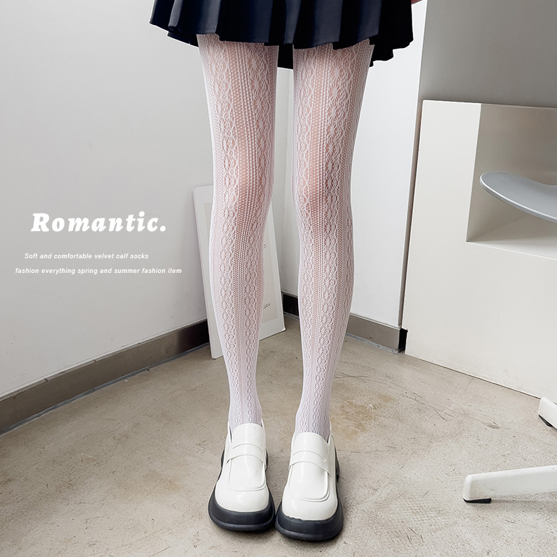 Lolita primavera/verano dulce blanco lechoso hueco de malla jacquard pantyhose verano encaje transpirable bottoming calcetines sobre la rodilla