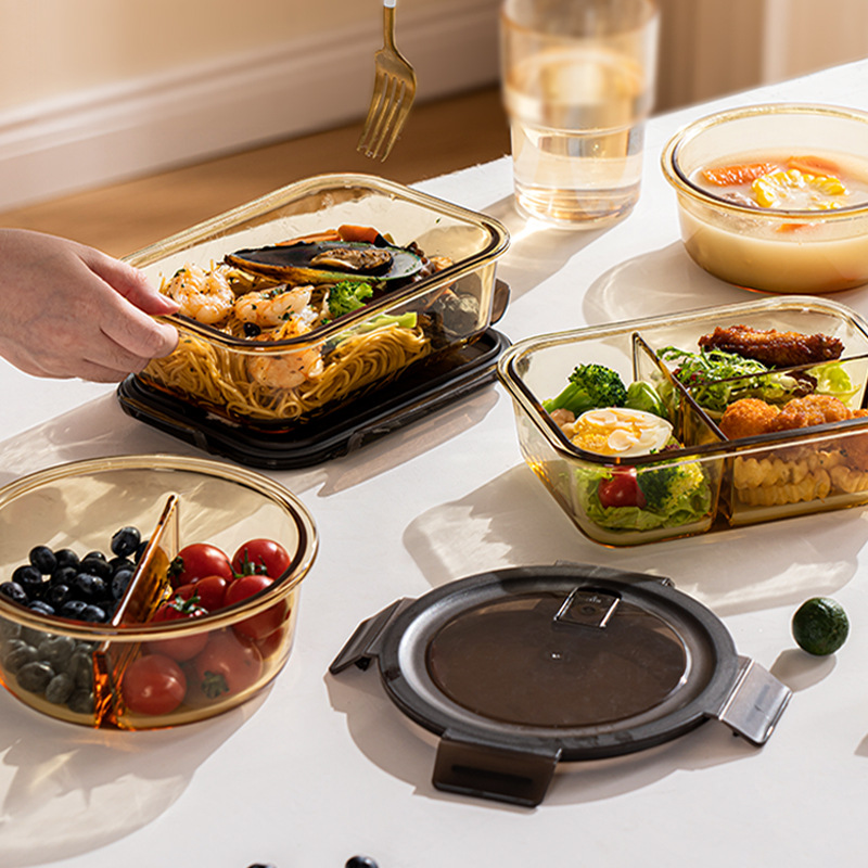Glass lunch box can be heated in microwave for office workers packing bento bowl with lid and divided lunch box freshness box