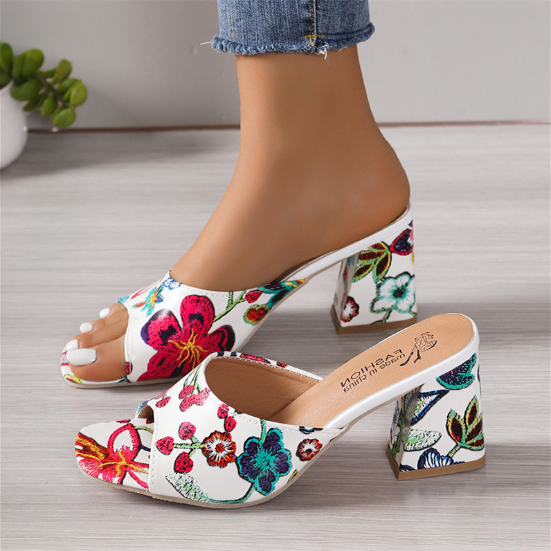 European and American Foreign Trade Embroidered Open Toe High Heel Square Head Slippers Women's Cross-border plus size Coarse Heel Fashion Slippers ebay